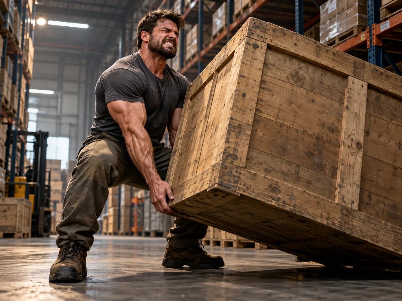 heavy meaning picture: A man straining to lift a large wooden crate, veins and effort visible, warehouse setting, photorealistic, no text